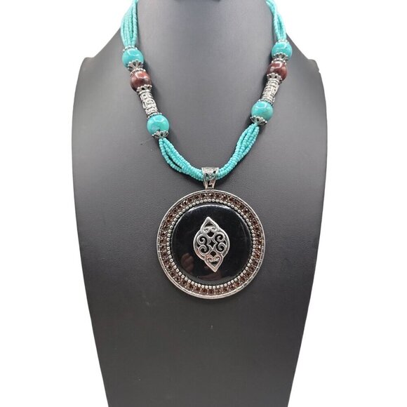 Faux Turquoise Large Pendant Necklace Runway Style Silver Tone 21" Beaded Chain - Picture 6 of 16